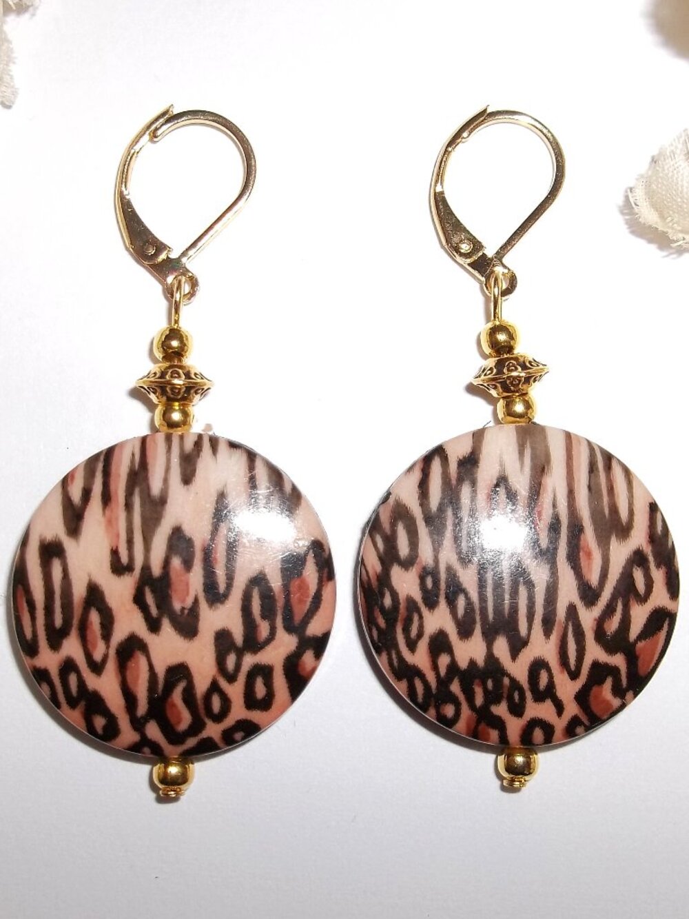 Cheetah Earrings Animal Print Statement Brown Black and Gold Dangle Drop D885